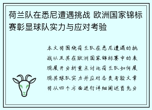 荷兰队在悉尼遭遇挑战 欧洲国家锦标赛彰显球队实力与应对考验